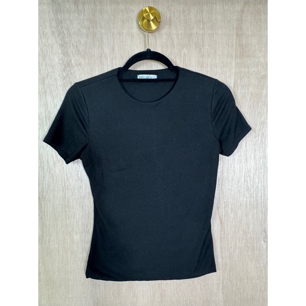 Popular 21 Womens Black Ribbed Short Sleeve Fitted Crew Neck T-Shirt Size Large